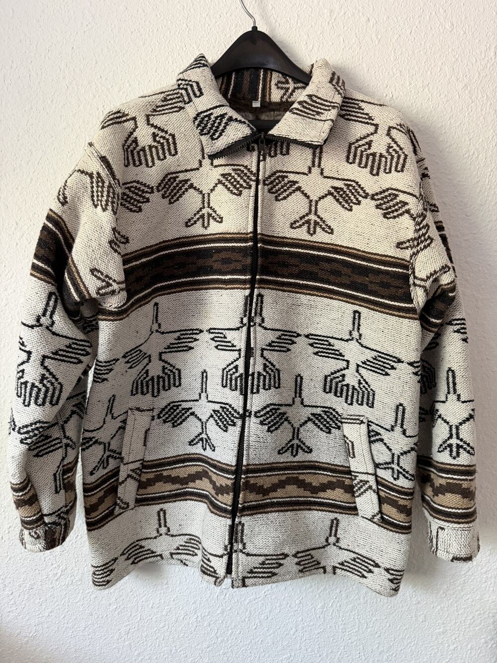 Men’s Vintage Aztec Native Southwestern Zipper Wool Coat w/Thunderbirds-2XL